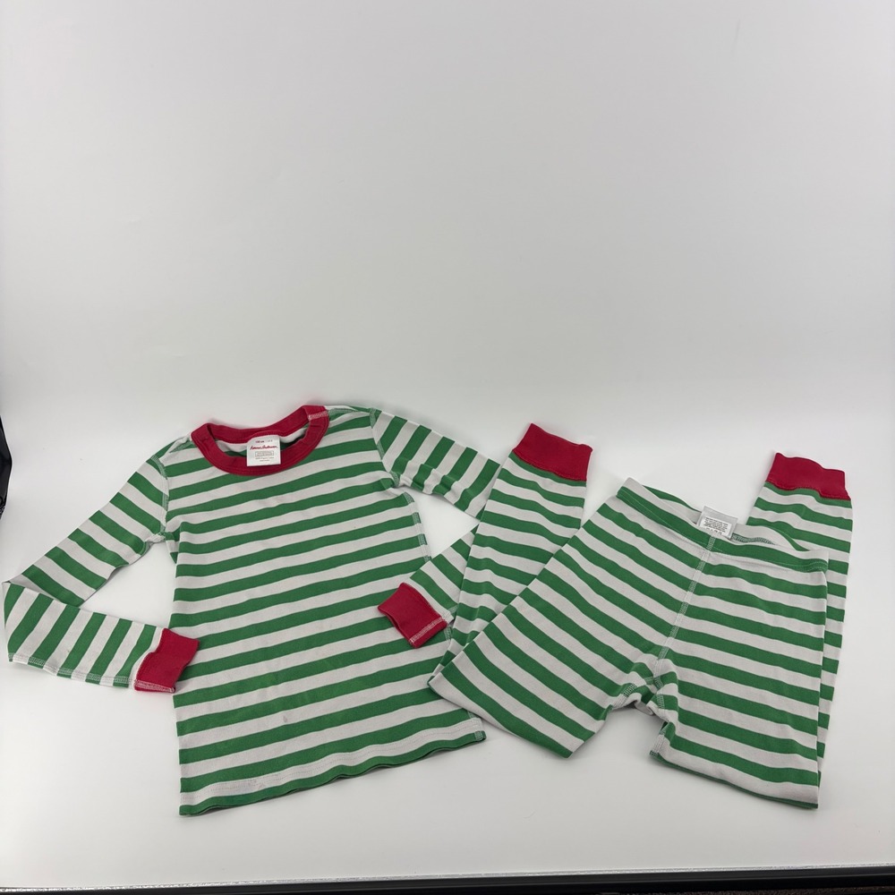Hanna‎ Andersson Kids 8 Organic Cotton Pajamas Green White Striped Christmas PJs